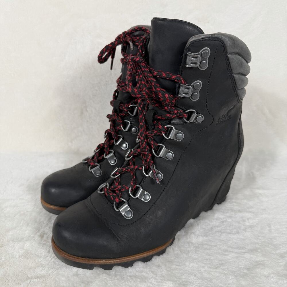 Sorel Conquest Wedge Black Leather Lace Up Hiking Boots Women’s 8.5